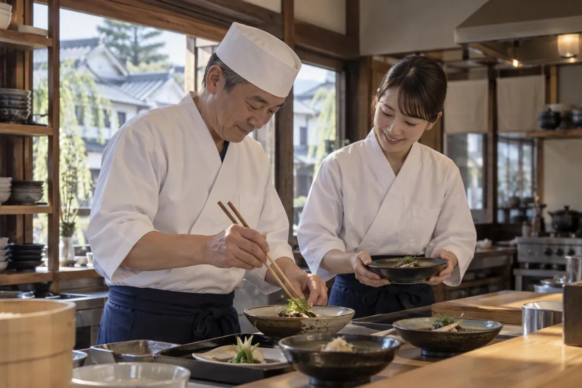 イメージ画像：和食店の調理場で、料理人とスタッフが集中して盛りつけをしている