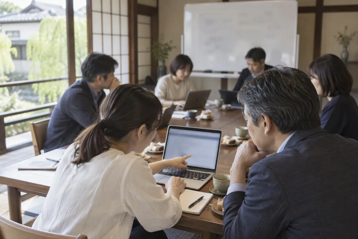 イメージ画像：町家の座敷で、大人たちがノートパソコンを開いて教え合っている