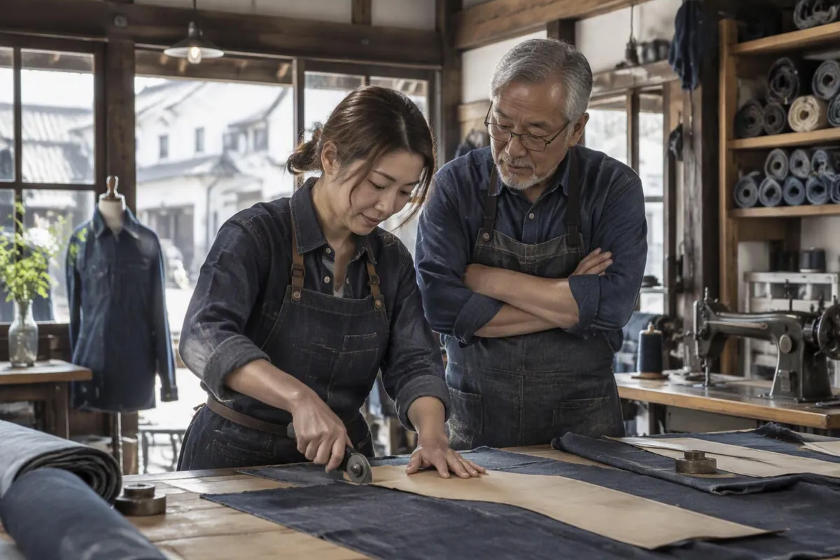 イメージ画像：デニム工房で、若い職人が生地を裁ち、年配の職人がそばで見守っている