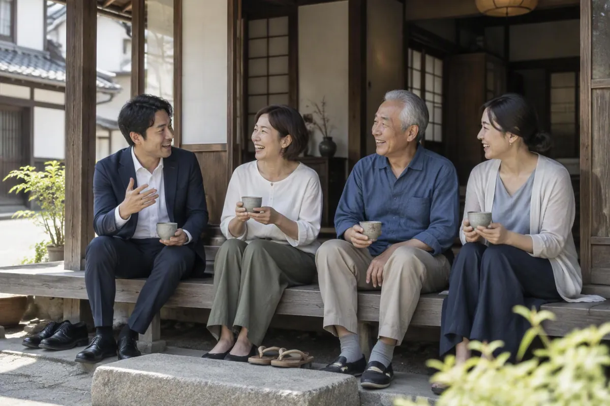 イメージ画像：町家の縁側に、近所の大人4人が並んで座り、お茶を飲みながら話している