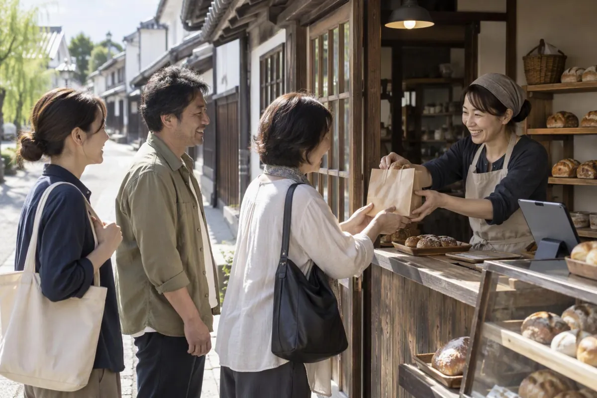 イメージ画像：白壁の通りの小さなパン屋で、並んだお客さんに店主が紙袋を手渡している