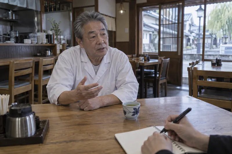 開店前の食堂のテーブルで、白い調理着の店主が話している。手前に聞き手の手とノート