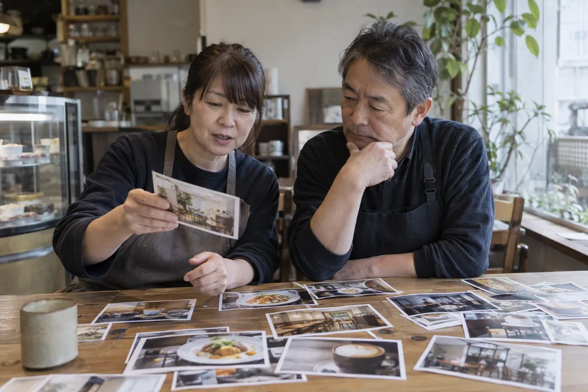 イメージ画像：お店のテーブルに写真を広げて、エプロン姿の2人が話し合っている