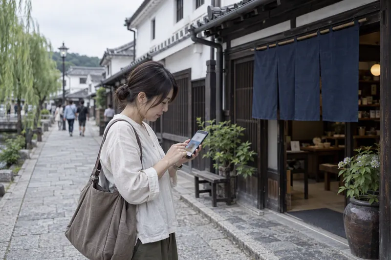 倉敷美観地区の小さな店の前で、女性がスマートフォンで店のページを開いている