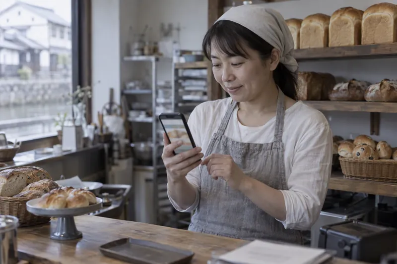 パン屋のカウンターで、店主がスマートフォンに映した店のページの初稿を見ている