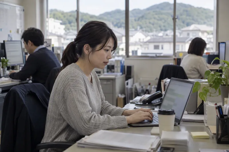 翌朝、自分の席でノートパソコンを開いて仕事を始める社員さん