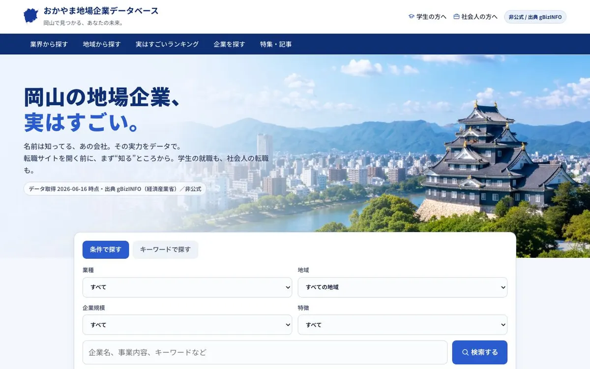 おかやま地場企業データベースの画面