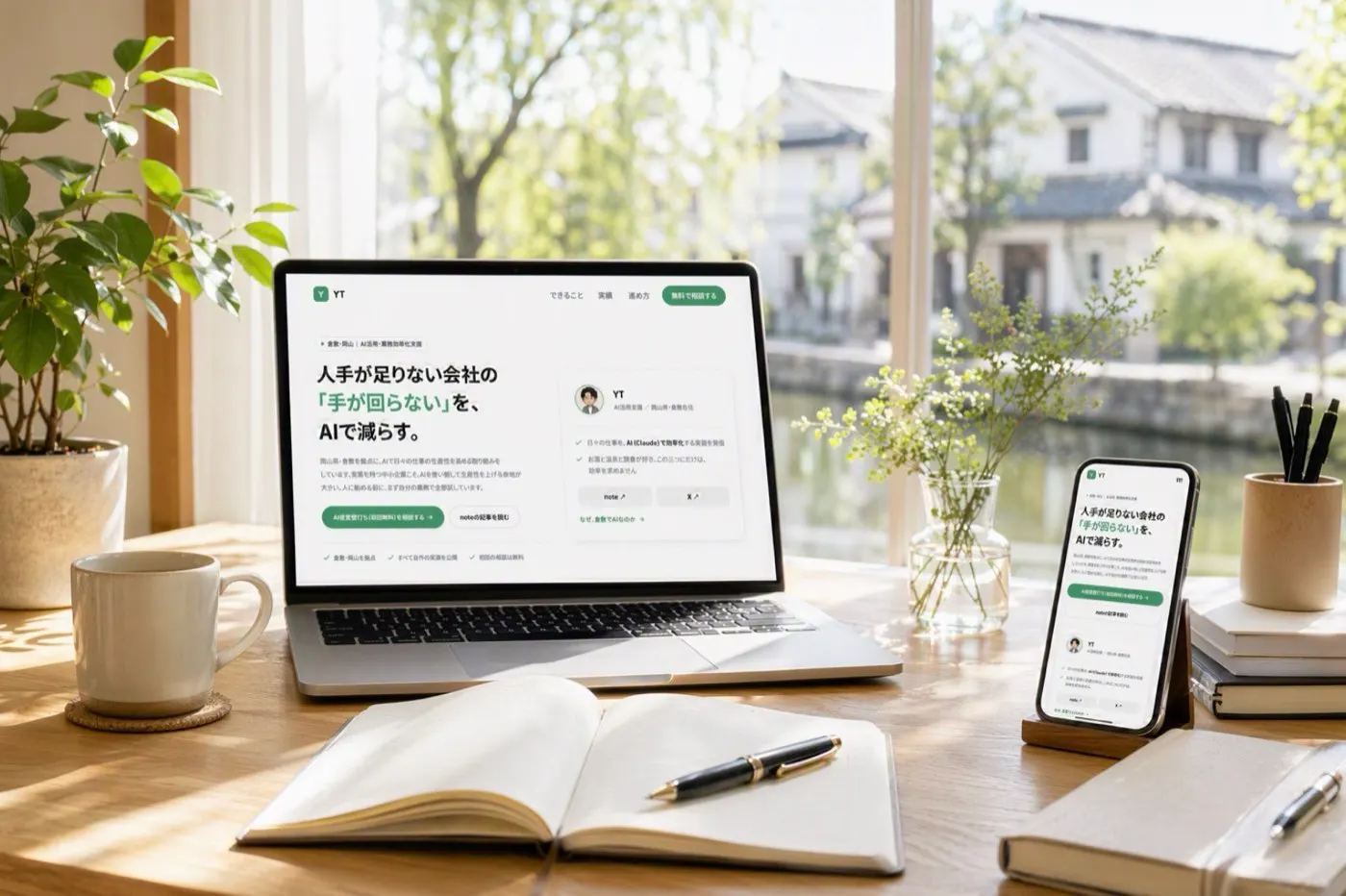 イメージ画像：窓辺の机に、このサイトを表示したノートパソコンとスマホが置かれている